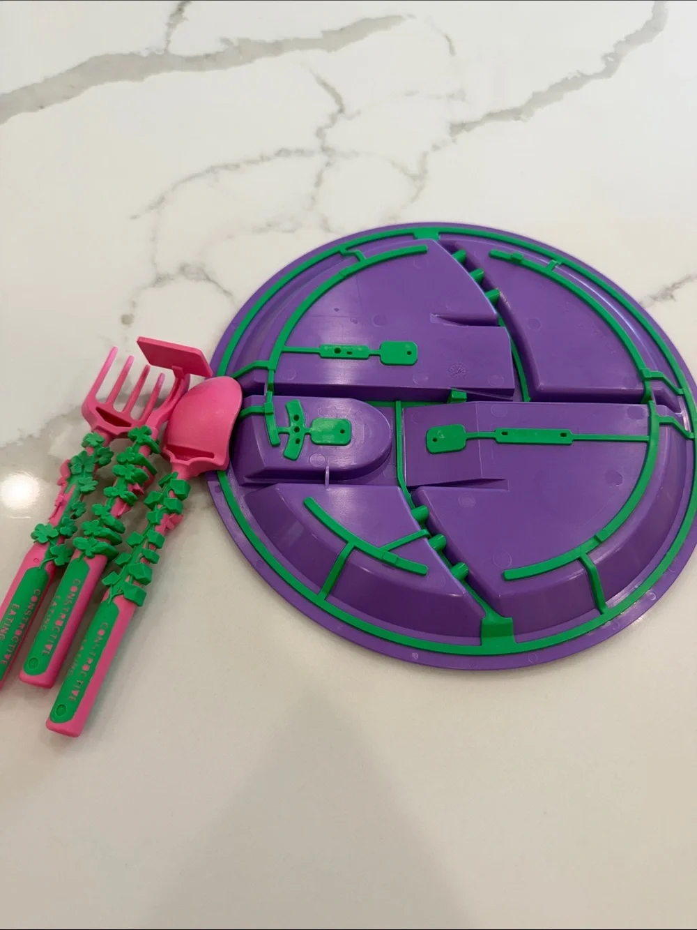 Constructive Eating Purple Divided Plate Pink & Green Scoop & Push Utensils